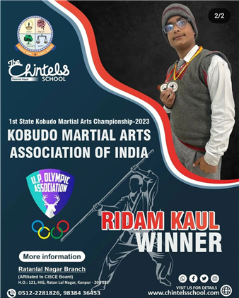 The goal of Martial arts is not for the destruction of the opponent but rather for self-growth and self-perfection." The Chintels School congratulates Ridam Kaul and Shreyanshi Saxena for winning in the 1st state Kubodo Martial Arts Championship-2023